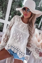 Beige Embroidered Mesh Flounce Sleeve Blouse - Fashionfitz