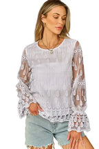 Beige Embroidered Mesh Flounce Sleeve Blouse - Fashionfitz