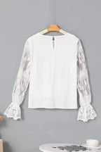 Beige Embroidered Mesh Flounce Sleeve Blouse - Fashionfitz
