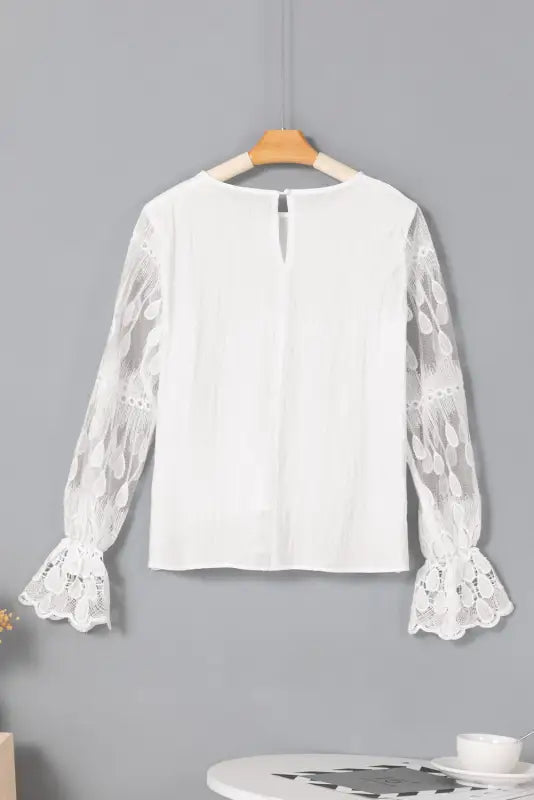 Beige embroidered mesh flounce sleeve blouse - blouses &