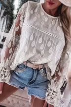 Beige Embroidered Mesh Flounce Sleeve Blouse - Fashionfitz
