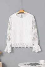 Beige Embroidered Mesh Flounce Sleeve Blouse - Fashionfitz