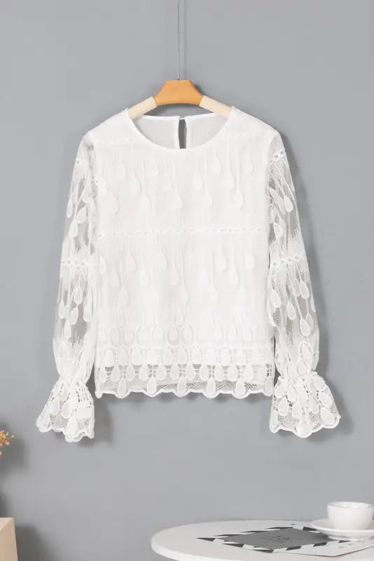 Beige embroidered mesh flounce sleeve blouse - blouses &