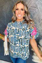 Beige Embroidered Puff Sleeve Frilled Neck Printed Top - Fashionfitz