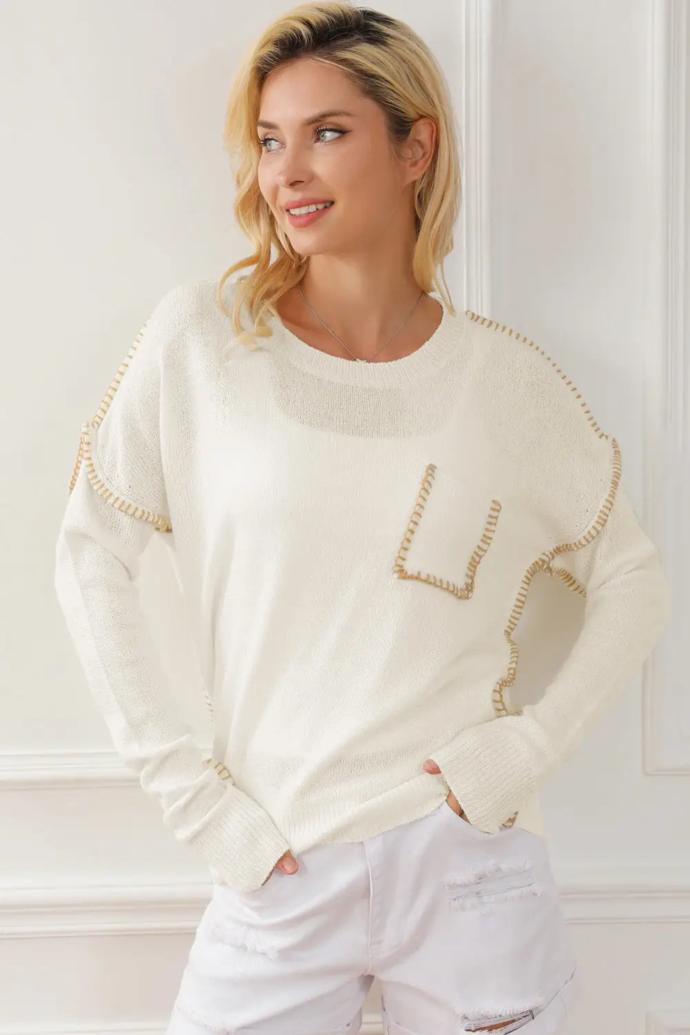 Beige exposed stitching chest pocket drop shoulder sweater