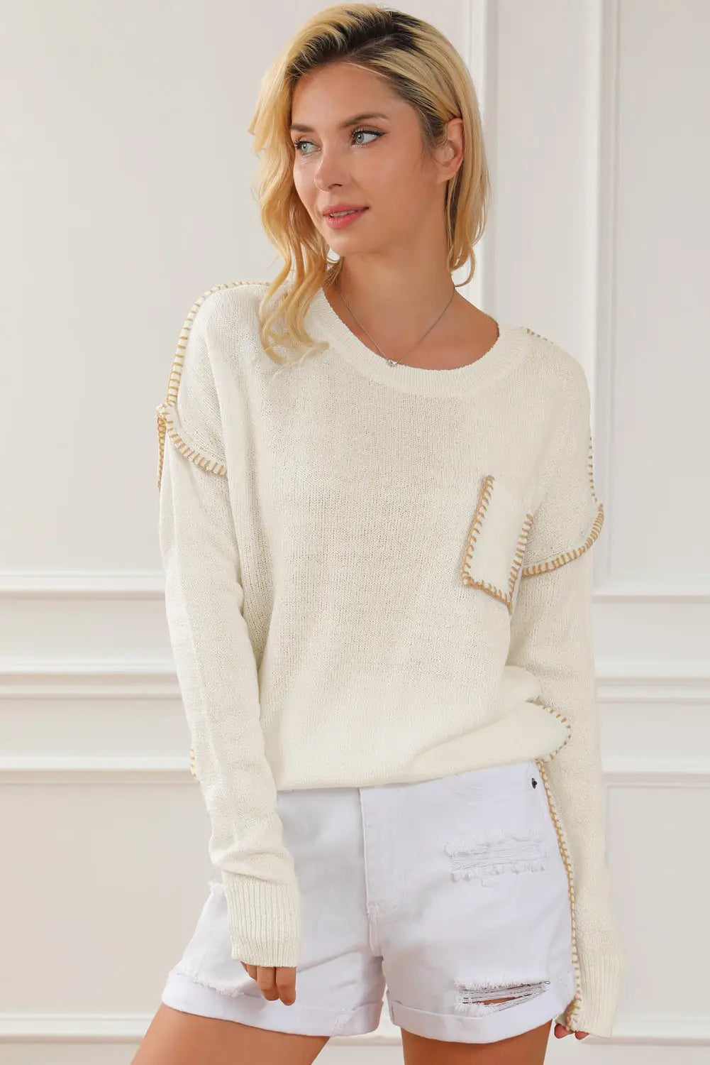 Beige exposed stitching chest pocket drop shoulder sweater