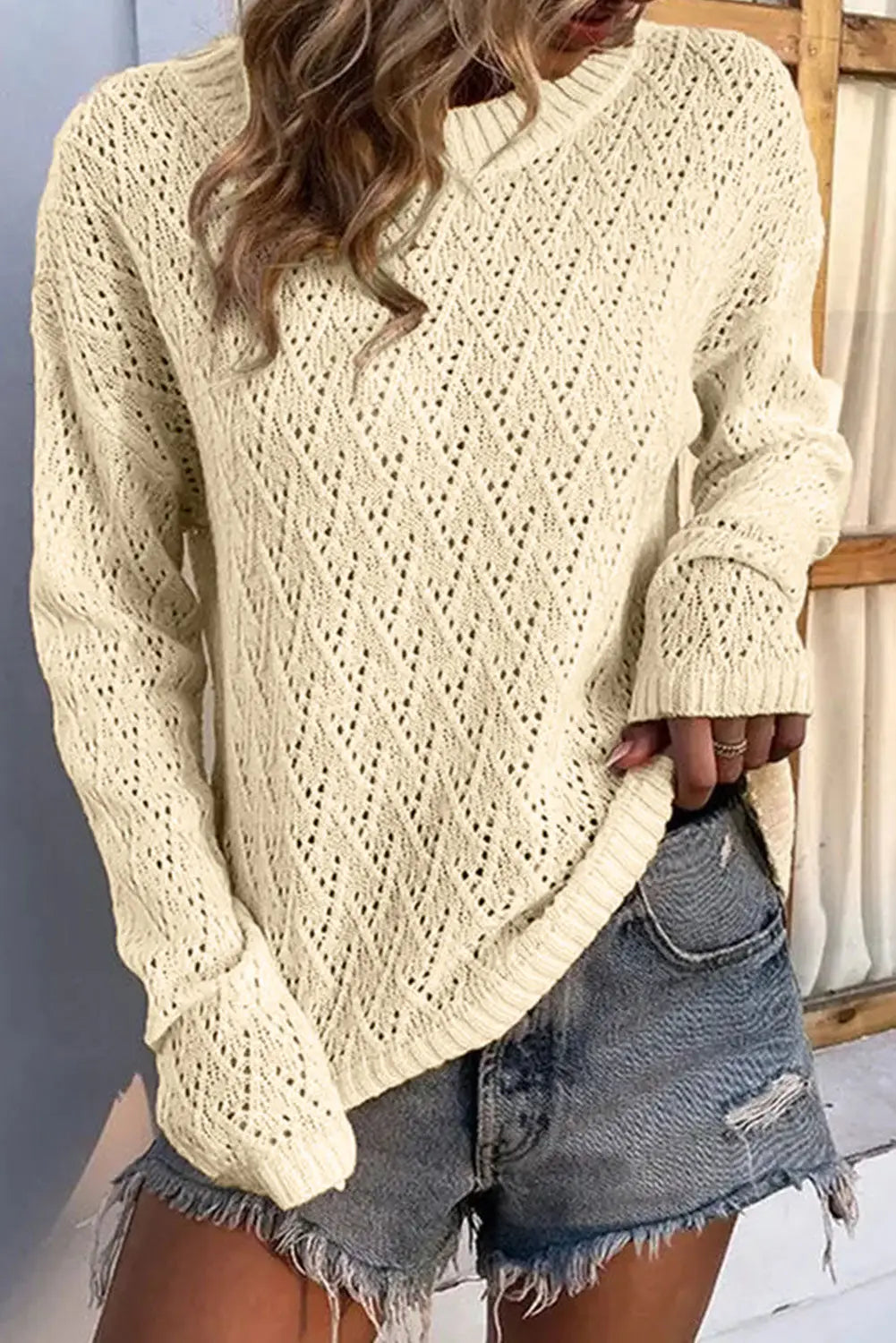 Beige eyelet knit ribbed trim sweater - s 100% acrylic sweaters & cardigans