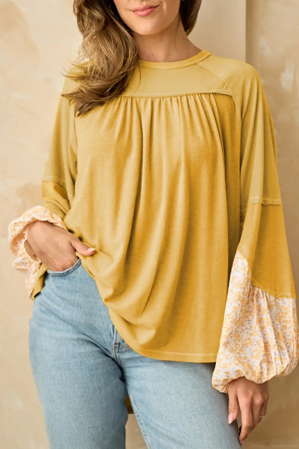 Beige floral balloon sleeve exposed seam blouse - l 65% polyester + 30% viscose + 5% elastane blouses & shirts