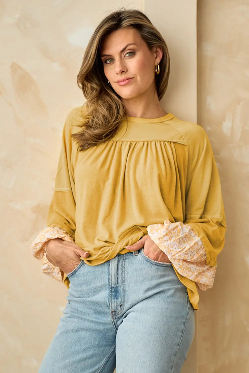 Beige floral balloon sleeve exposed seam blouse - blouses & shirts