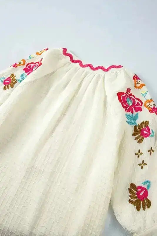 Beige Floral Embroidered Blouse - Ricrac Puff Sleeve Textured - Fashionfitz