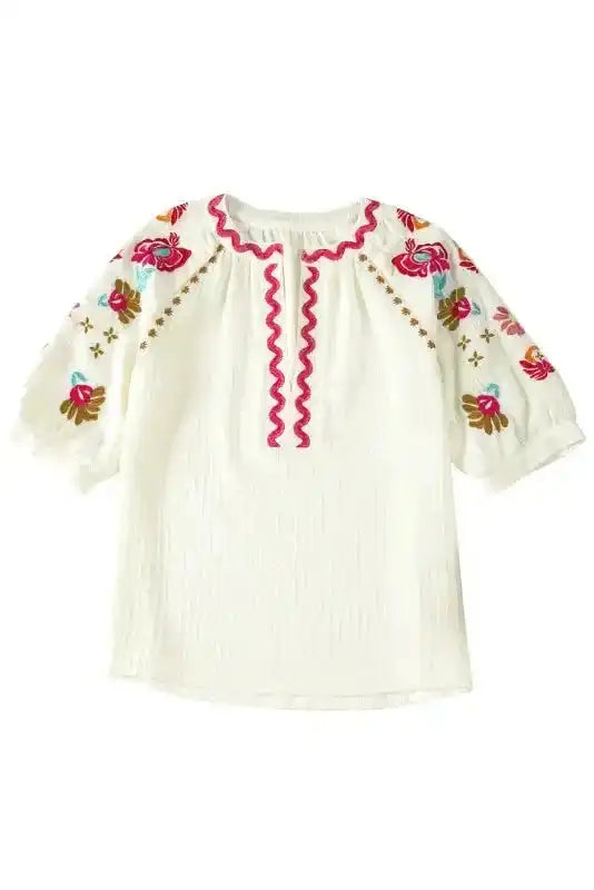 Beige Floral Embroidered Blouse - Ricrac Puff Sleeve Textured - Fashionfitz