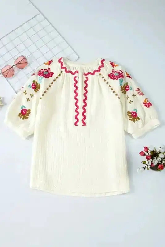 Close-up of Beige Floral Embroidered Ricrac Blouse showing intricate floral embroidery stitching and ricrac braid trim detail — Fashionfitz