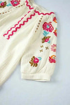 Beige Floral Embroidered Blouse - Ricrac Puff Sleeve Textured - Fashionfitz