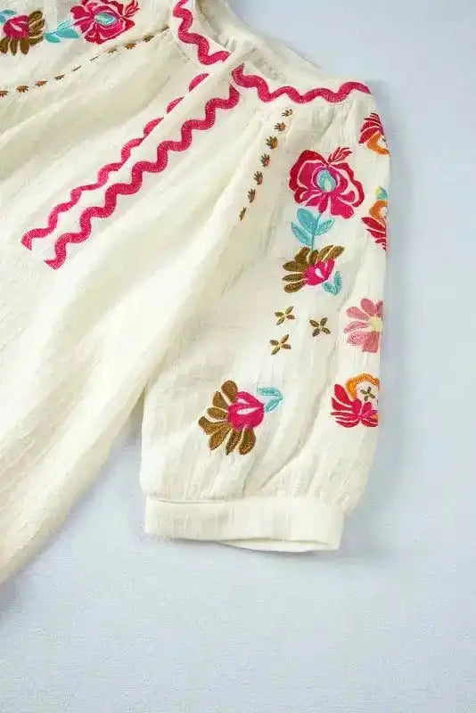 Beige Floral Embroidered Blouse - Ricrac Puff Sleeve Textured - Fashionfitz