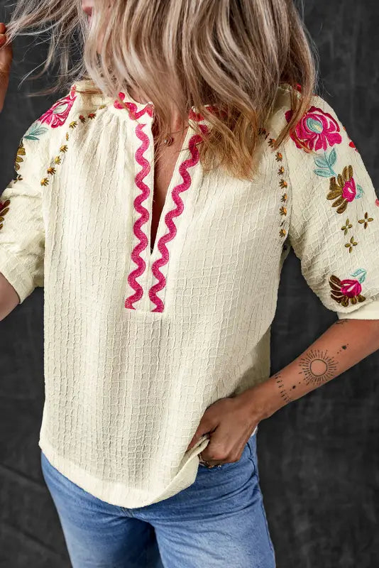 Beige floral embroidered blouse - ricrac puff sleeve textured - tops/blouses & shirts