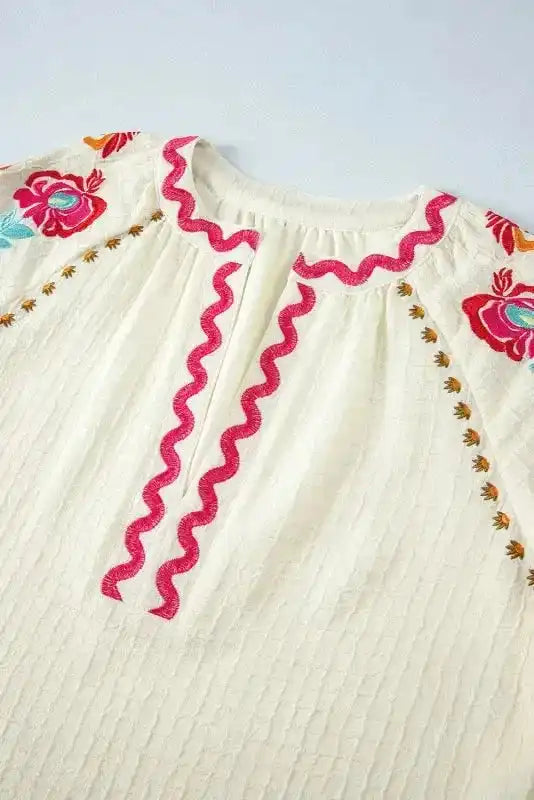 Beige Floral Embroidered Blouse - Ricrac Puff Sleeve Textured - Fashionfitz