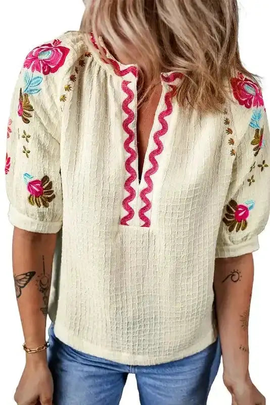 Beige Floral Embroidered Blouse - Ricrac Puff Sleeve Textured - Fashionfitz
