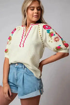 Beige Floral Embroidered Blouse - Ricrac Puff Sleeve Textured - Fashionfitz