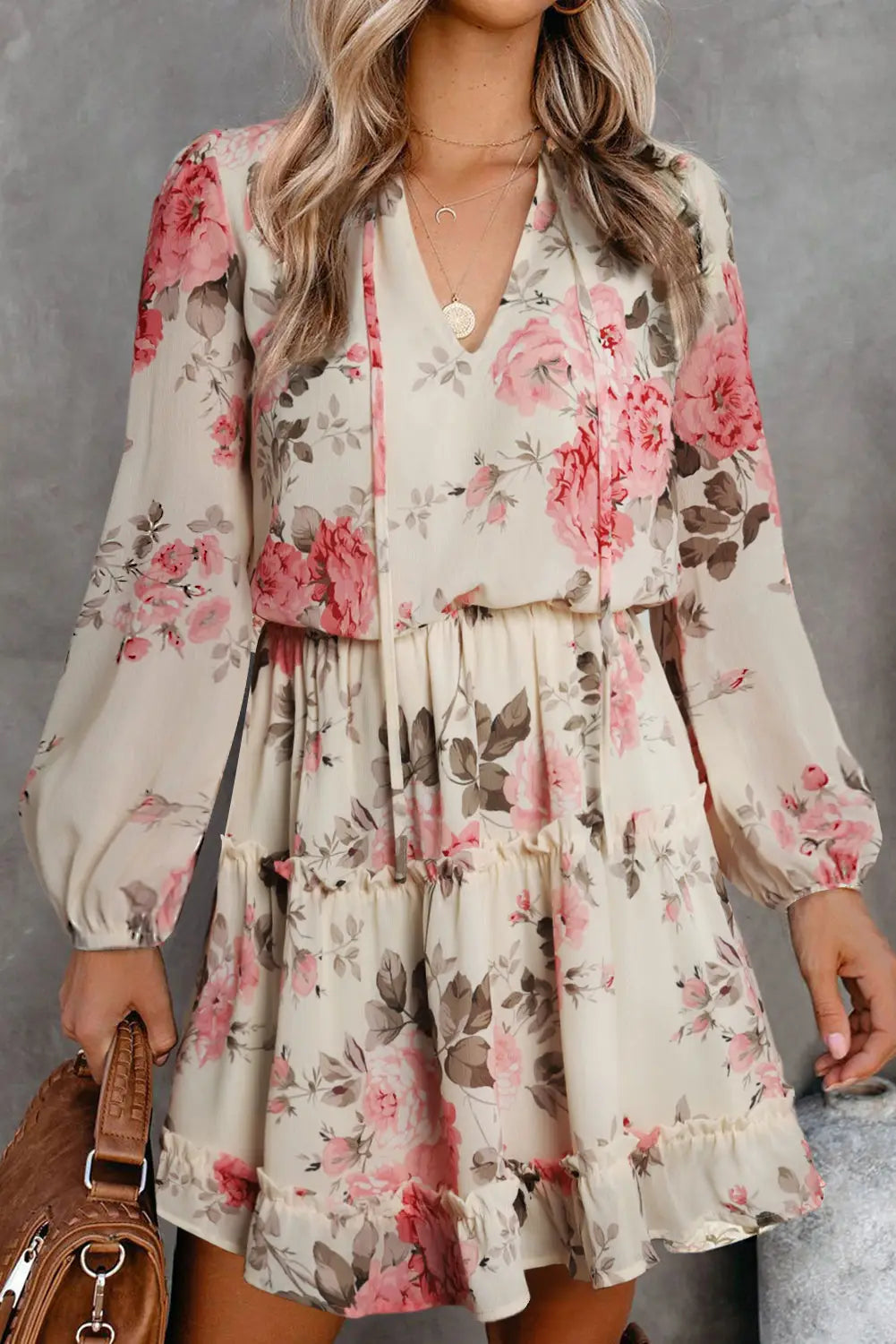 Beige floral split neck cinched waist ruffle mini dress - s