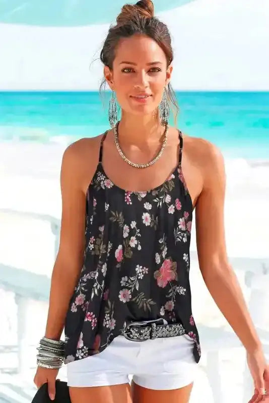 Model wearing tank top with denim shorts, styled for a casual summer look - Fashionfitz