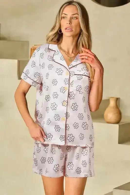 Beige Floret Printed Pajama Shorts Set - Fashionfitz