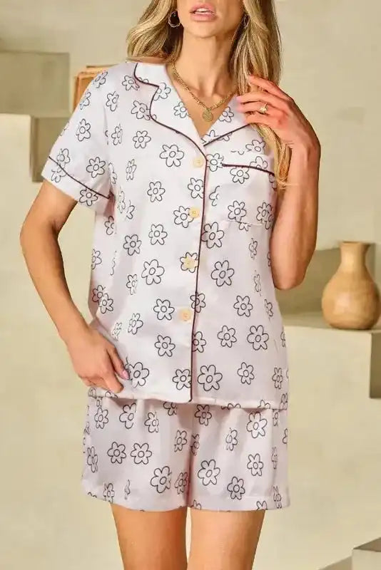 Beige Floret Printed Pajama Shorts Set - Fashionfitz