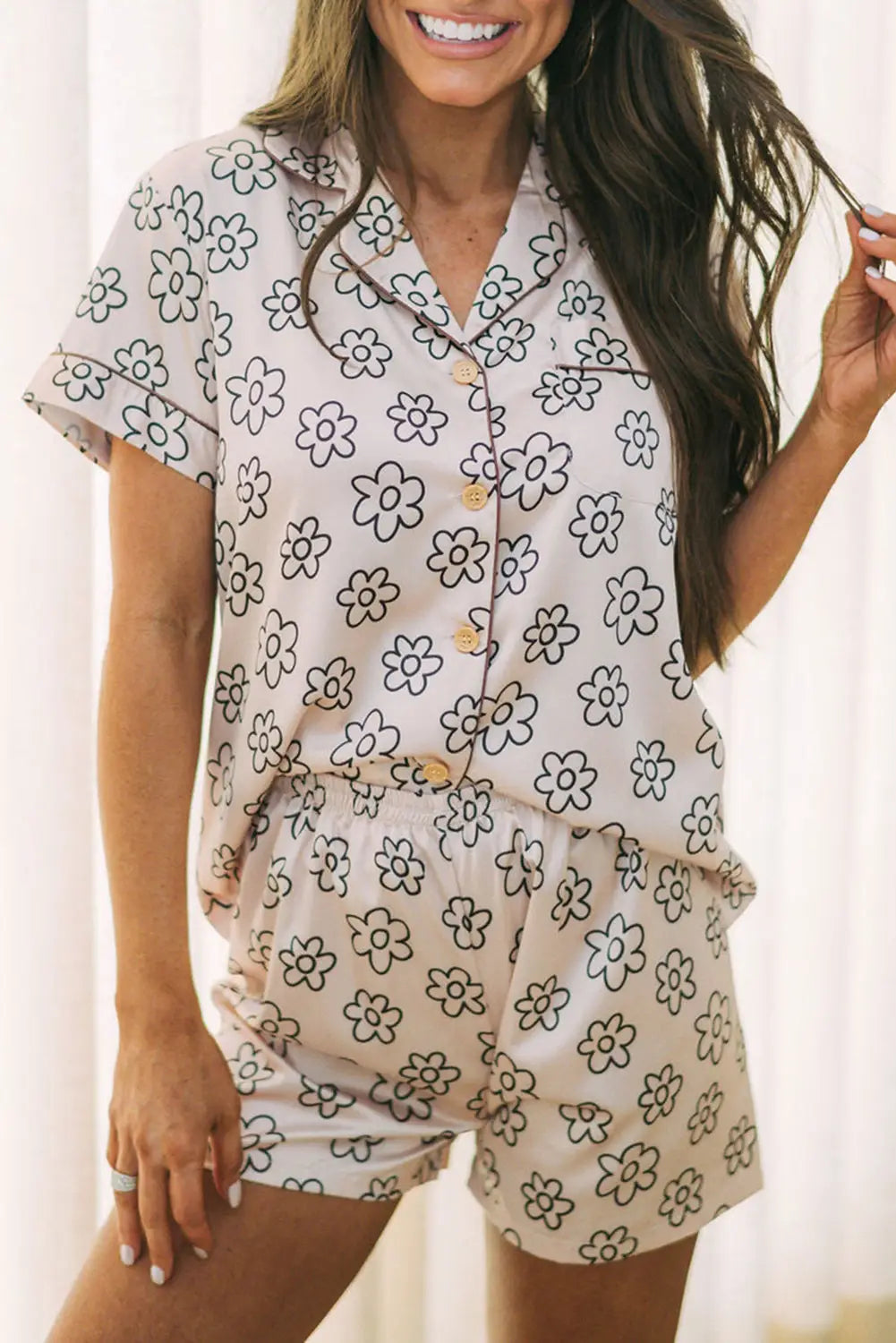 Beige floret printed pajama shorts set - s / 100% polyester - sleepwear
