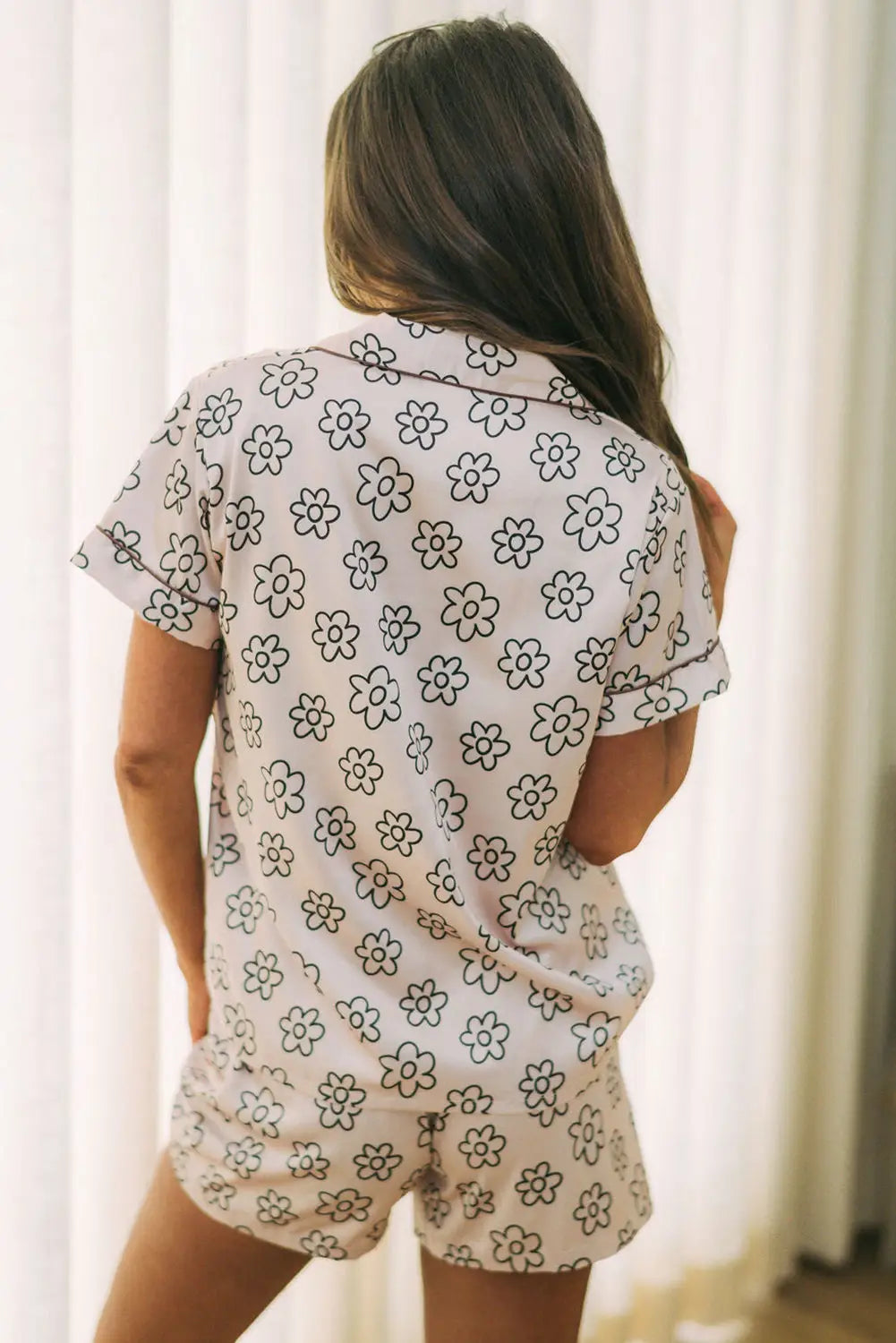 Beige floret printed pajama shorts set - sleepwear