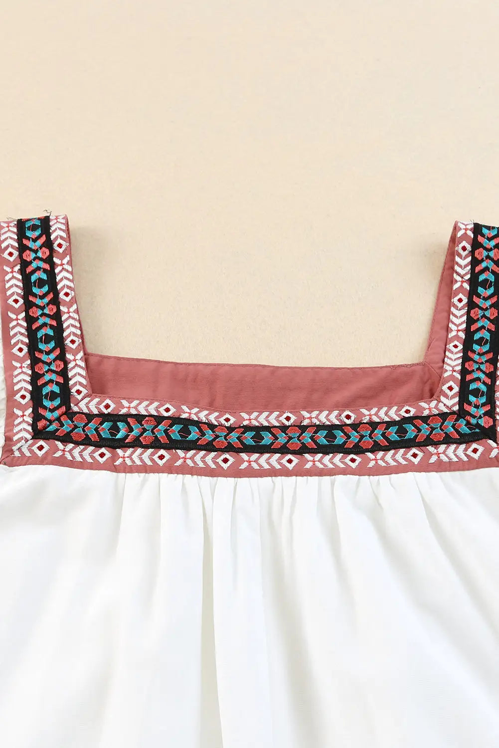 Beige frill embroidered square neck shift dress - mini