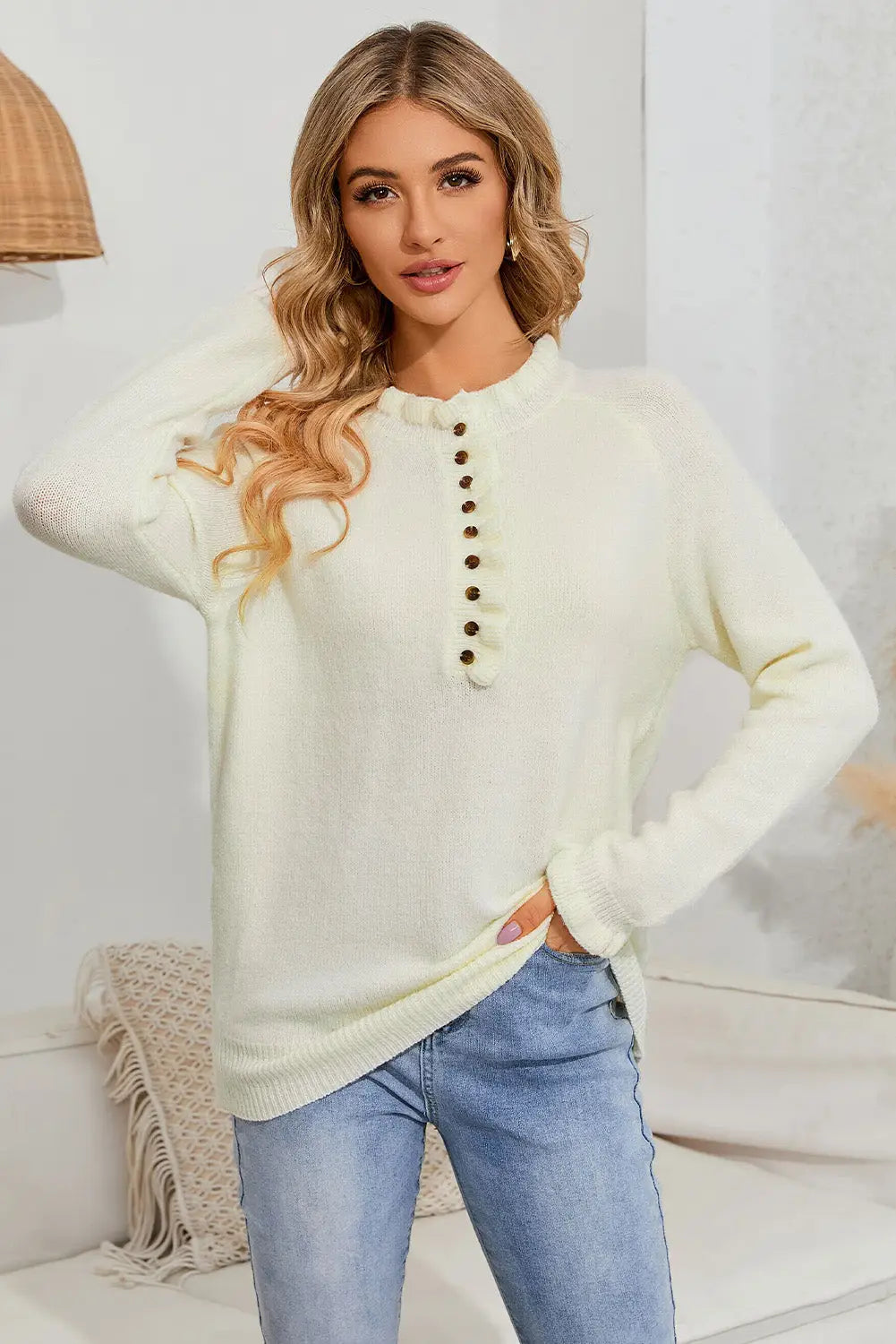 Beige frill trim buttoned knit pullover sweater - s 48% acrylic + 32% polyamide + 20% polyester sweaters & cardigans