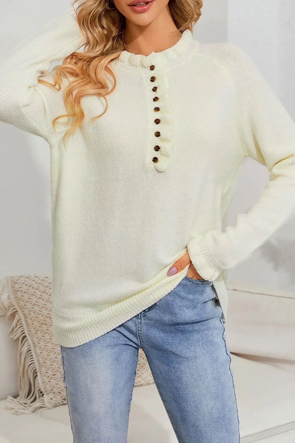 Beige frill trim buttoned knit pullover sweater - sweaters & cardigans