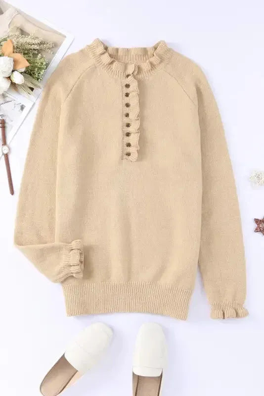 Beige Frill Trim Buttoned Knit Sweater - Fashionfitz