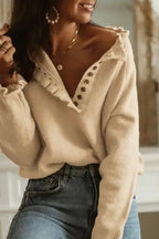 Beige Frill Trim Buttoned Knit Sweater - Fashionfitz