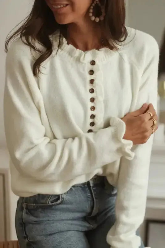 Beige Frill Trim Buttoned Knit Sweater - Fashionfitz