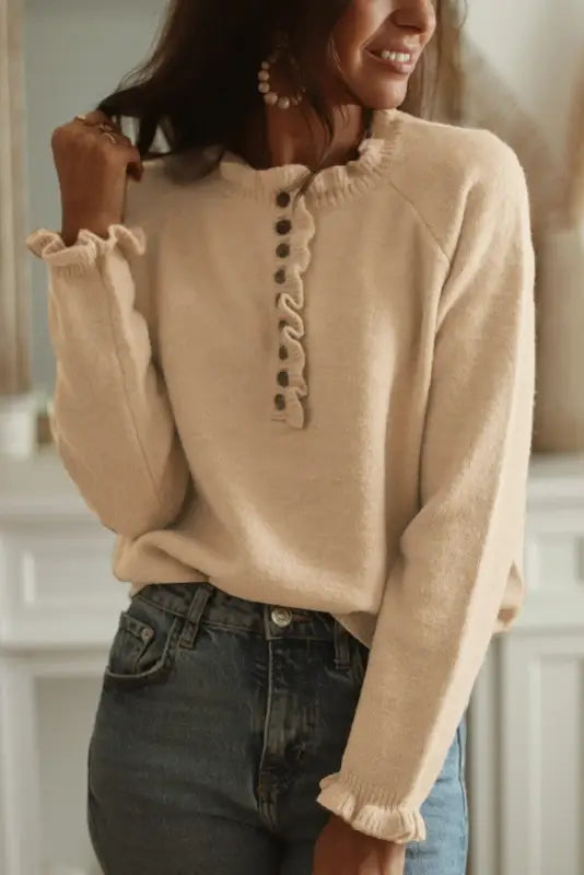 Beige frill trim buttoned knit pullover sweater - sweaters & cardigans