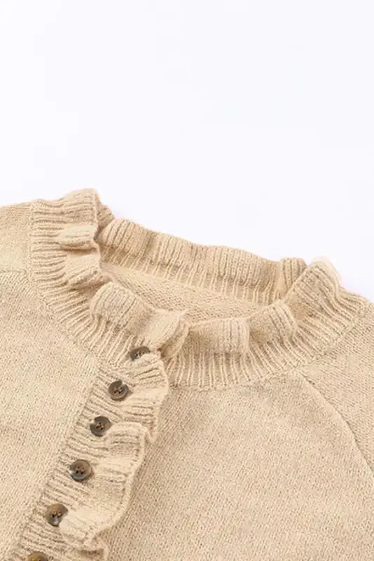 Beige Frill Trim Buttoned Knit Sweater - Fashionfitz