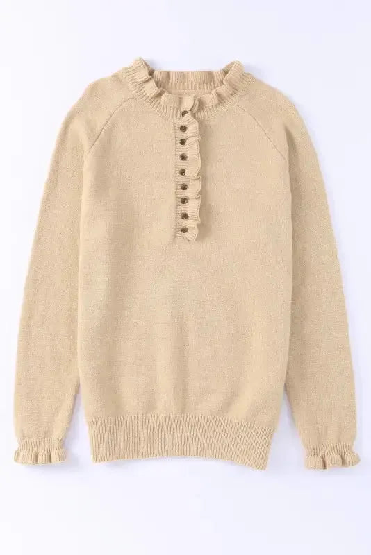Beige Frill Trim Buttoned Knit Sweater - Fashionfitz