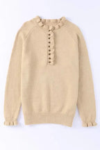 Beige Frill Trim Buttoned Knit Sweater - Fashionfitz