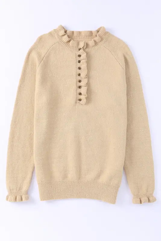 Beige frill trim buttoned knit pullover sweater - sweaters & cardigans