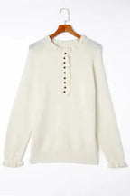 Beige Frill Trim Buttoned Knit Sweater - Fashionfitz