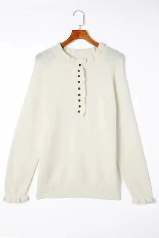 Beige Frill Trim Buttoned Knit Sweater - Fashionfitz