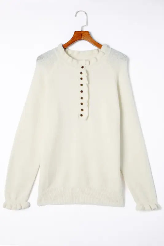 Beige frill trim buttoned knit pullover sweater - sweaters & cardigans