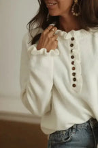 Beige Frill Trim Buttoned Knit Sweater - Fashionfitz