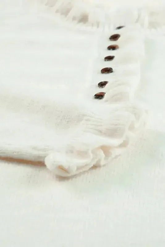 Beige Frill Trim Buttoned Knit Sweater - Fashionfitz