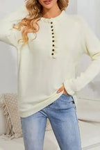 Beige Frill Trim Buttoned Knit Sweater - Fashionfitz