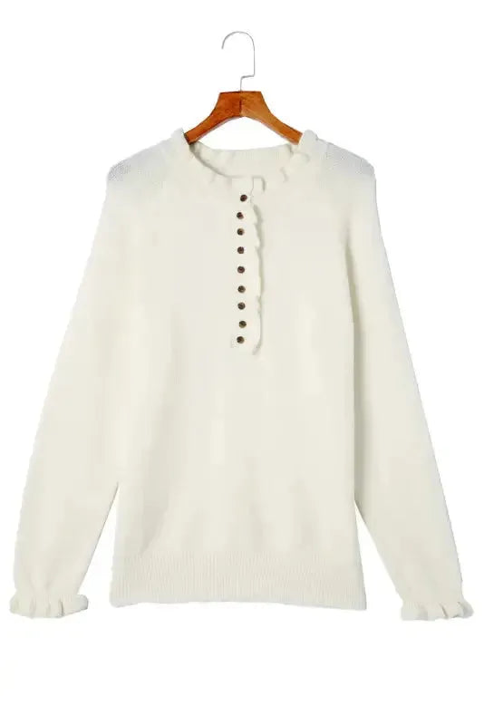 Beige Frill Trim Buttoned Knit Sweater - Fashionfitz