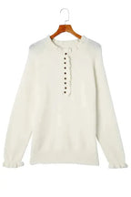 Beige Frill Trim Buttoned Knit Sweater - Fashionfitz