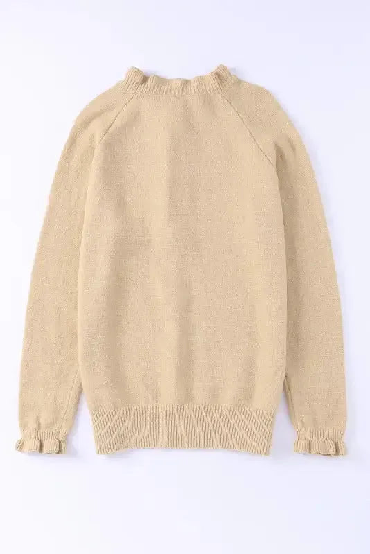 Beige Frill Trim Buttoned Knit Sweater - Fashionfitz