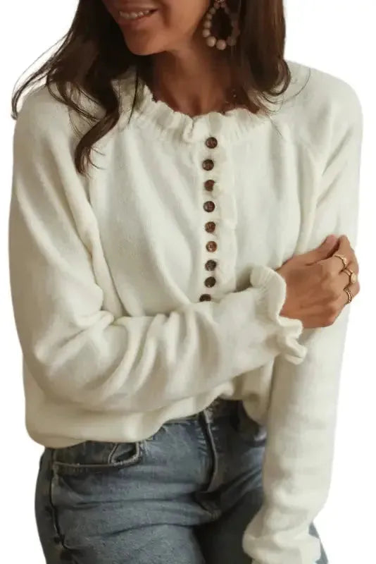 Beige Frill Trim Buttoned Knit Sweater - Fashionfitz