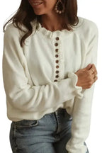 Beige Frill Trim Buttoned Knit Sweater - Fashionfitz